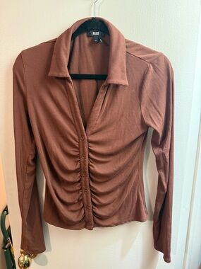 PAIGE Brown Ruched Button-Front Long Sleeve Shirt